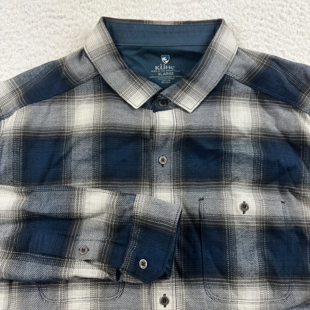 Kühl Mens XL Blue Plaid The Law Flannel Heavyweight Metal Button Up Stretch